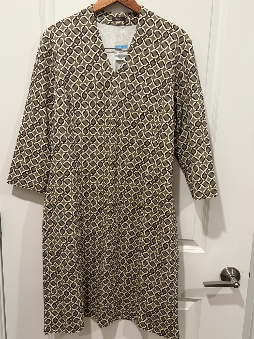 J. McLaughlin Beige and Black Geometric Midi Dress with V-Neck